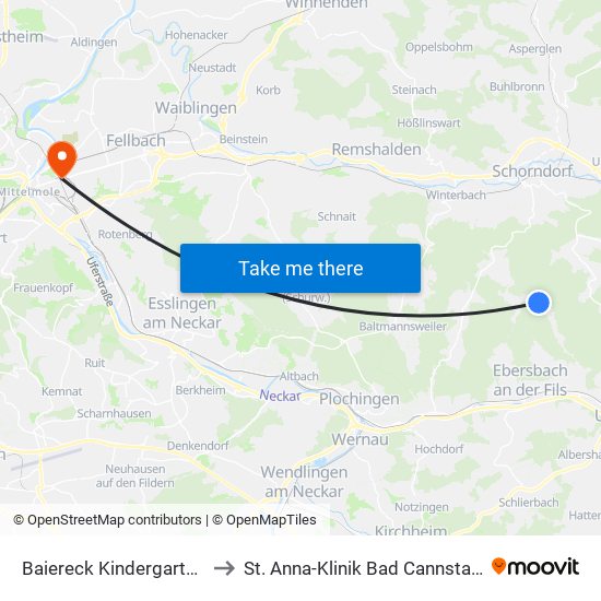 Baiereck Kindergarten to St. Anna-Klinik Bad Cannstatt map