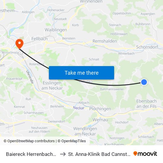 Baiereck Herrenbachstr. to St. Anna-Klinik Bad Cannstatt map