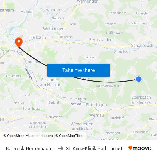Baiereck Herrenbachstr. to St. Anna-Klinik Bad Cannstatt map