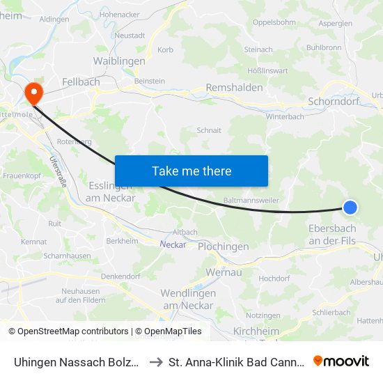 Uhingen Nassach Bolzplatz to St. Anna-Klinik Bad Cannstatt map