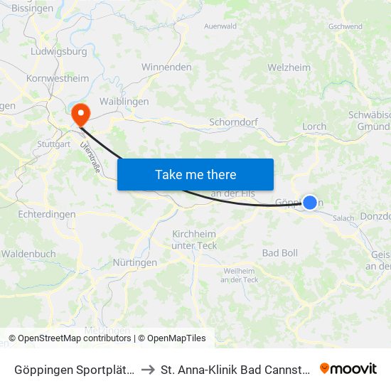 Göppingen Sportplätze to St. Anna-Klinik Bad Cannstatt map