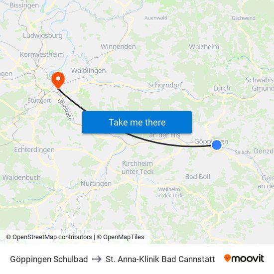 Göppingen Schulbad to St. Anna-Klinik Bad Cannstatt map