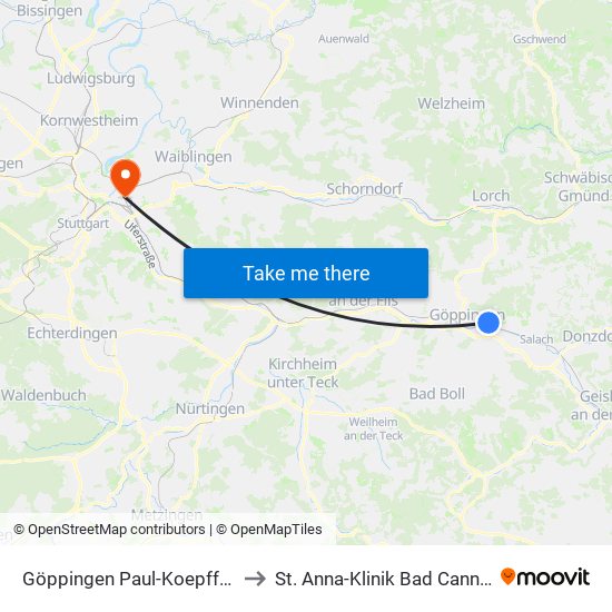 Göppingen Paul-Koepff-Weg to St. Anna-Klinik Bad Cannstatt map