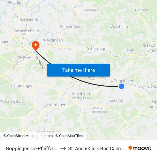 Göppingen Dr.-Pfeiffer-Str. to St. Anna-Klinik Bad Cannstatt map