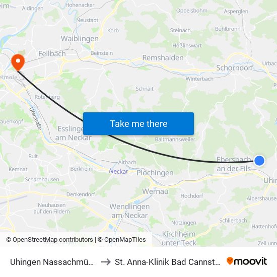 Uhingen Nassachmühle to St. Anna-Klinik Bad Cannstatt map