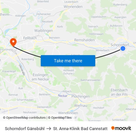 Schorndorf Gänsbühl to St. Anna-Klinik Bad Cannstatt map