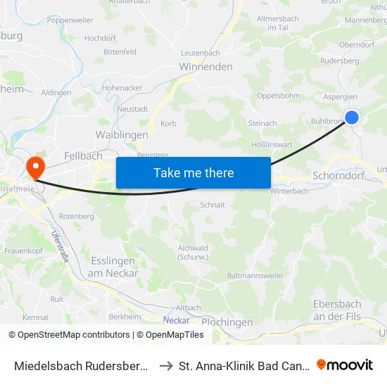 Miedelsbach Rudersberger Str. to St. Anna-Klinik Bad Cannstatt map