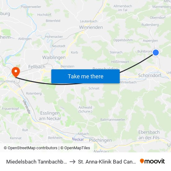 Miedelsbach Tannbachbrücke to St. Anna-Klinik Bad Cannstatt map