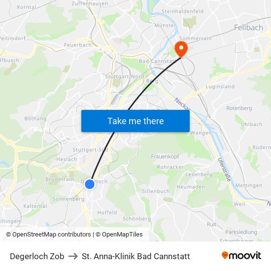 Degerloch Zob to St. Anna-Klinik Bad Cannstatt map