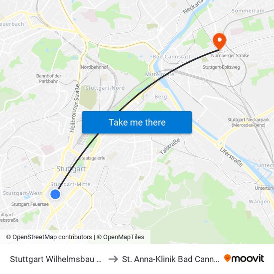 Stuttgart Wilhelmsbau (Sev) to St. Anna-Klinik Bad Cannstatt map