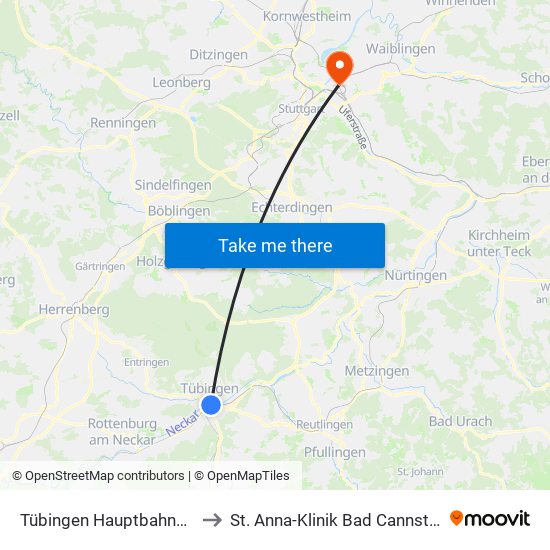 Tübingen Hauptbahnhof to St. Anna-Klinik Bad Cannstatt map