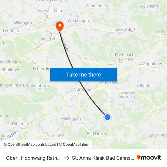 Oberl. Hochwang Rathaus to St. Anna-Klinik Bad Cannstatt map