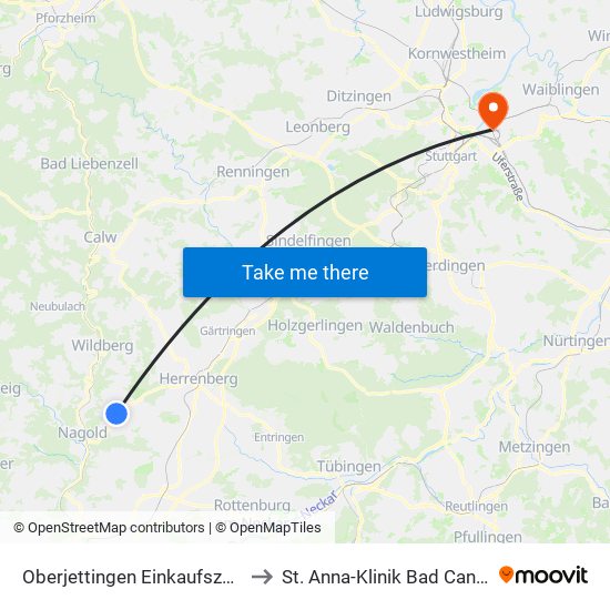 Oberjettingen Einkaufszentrum to St. Anna-Klinik Bad Cannstatt map