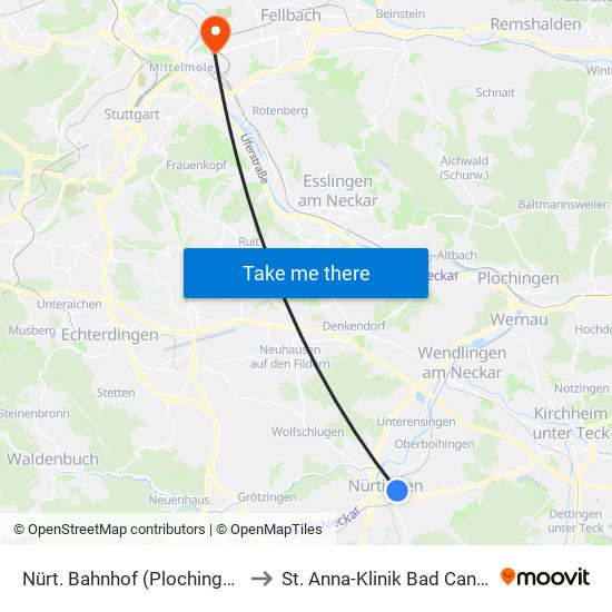 Nürt. Bahnhof (Plochinger Str.) to St. Anna-Klinik Bad Cannstatt map