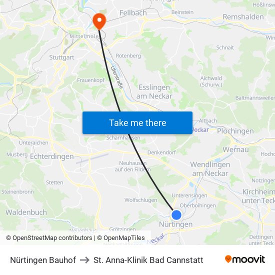 Nürtingen Bauhof to St. Anna-Klinik Bad Cannstatt map