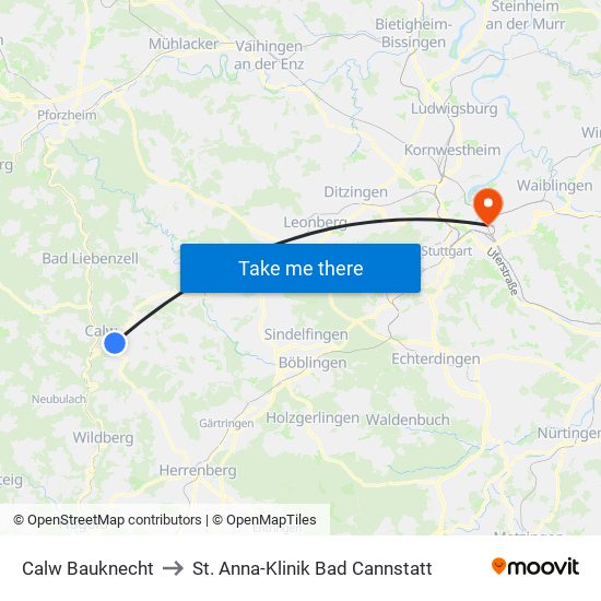 Calw Bauknecht to St. Anna-Klinik Bad Cannstatt map