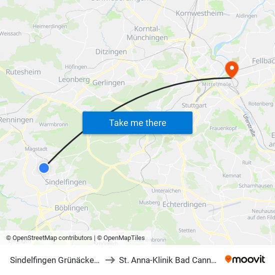 Sindelfingen Grünäckerstr. to St. Anna-Klinik Bad Cannstatt map