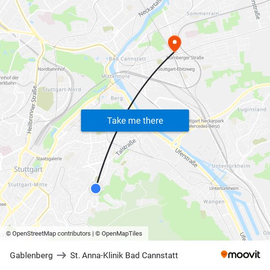 Gablenberg to St. Anna-Klinik Bad Cannstatt map