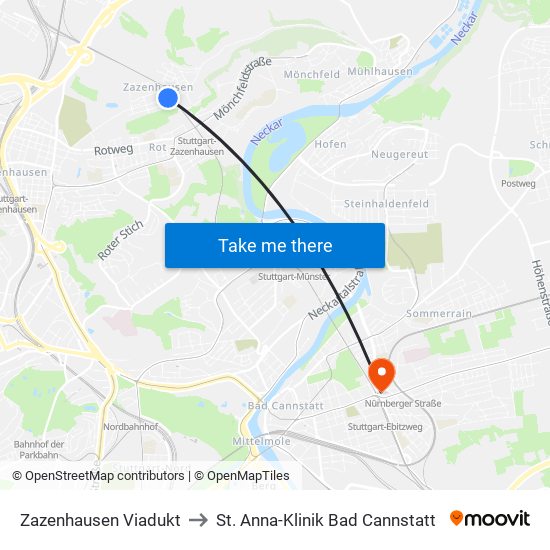 Zazenhausen Viadukt to St. Anna-Klinik Bad Cannstatt map