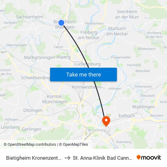 Bietigheim Kronenzentrum to St. Anna-Klinik Bad Cannstatt map