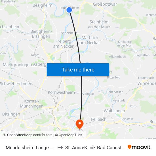 Mundelsheim Lange Str. to St. Anna-Klinik Bad Cannstatt map