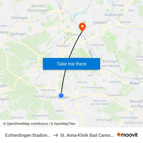 Echterdingen Stadionstr. to St. Anna-Klinik Bad Cannstatt map