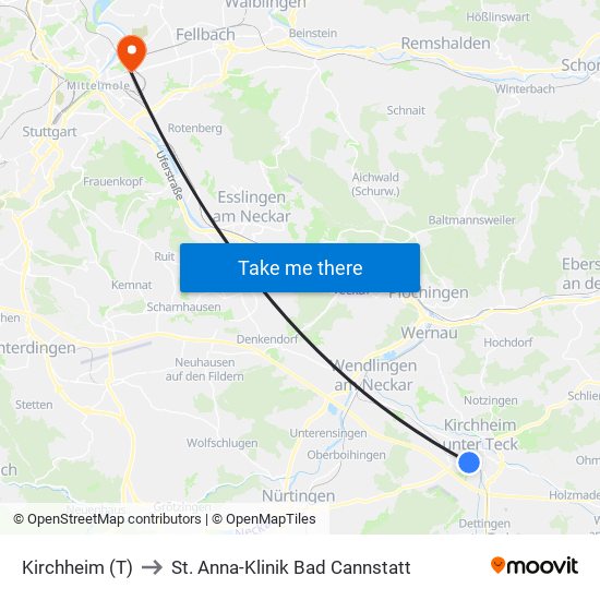 Kirchheim (T) to St. Anna-Klinik Bad Cannstatt map