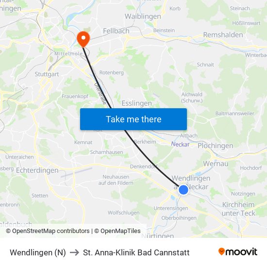 Wendlingen (N) to St. Anna-Klinik Bad Cannstatt map