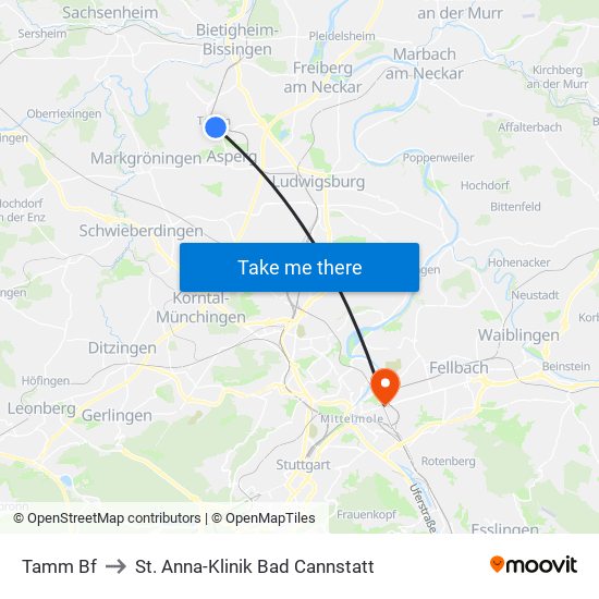 Tamm Bf to St. Anna-Klinik Bad Cannstatt map