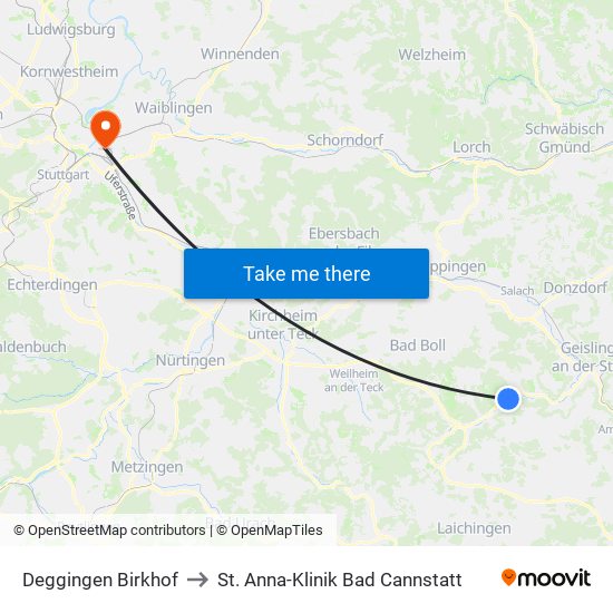 Deggingen Birkhof to St. Anna-Klinik Bad Cannstatt map