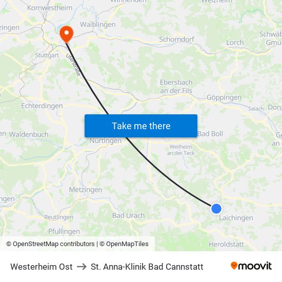 Westerheim Ost to St. Anna-Klinik Bad Cannstatt map