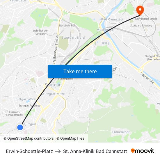 Erwin-Schoettle-Platz to St. Anna-Klinik Bad Cannstatt map