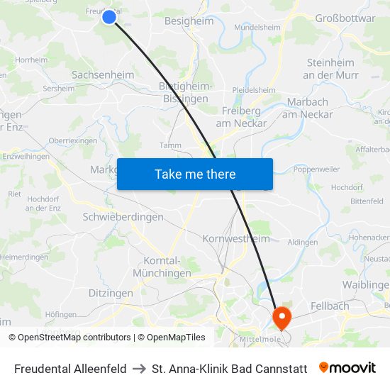Freudental Alleenfeld to St. Anna-Klinik Bad Cannstatt map