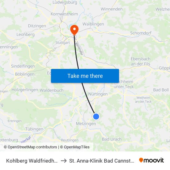 Kohlberg Waldfriedhof to St. Anna-Klinik Bad Cannstatt map
