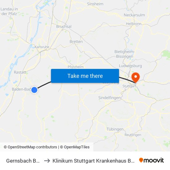 Gernsbach Bahnhof to Klinikum Stuttgart Krankenhaus Bad Cannstatt map