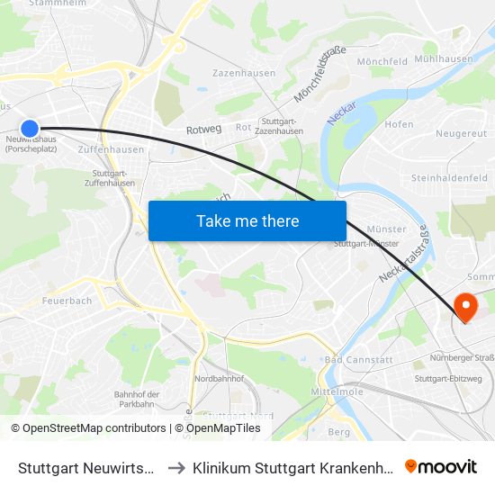 Stuttgart Neuwirtsh. (Porschep.) to Klinikum Stuttgart Krankenhaus Bad Cannstatt map