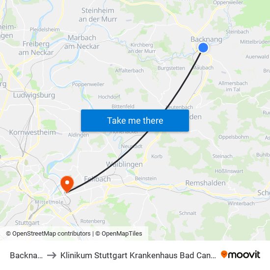 Backnang to Klinikum Stuttgart Krankenhaus Bad Cannstatt map