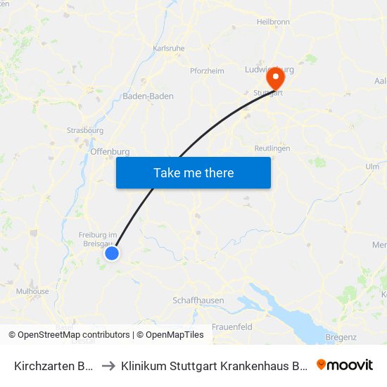 Kirchzarten Bahnhof to Klinikum Stuttgart Krankenhaus Bad Cannstatt map