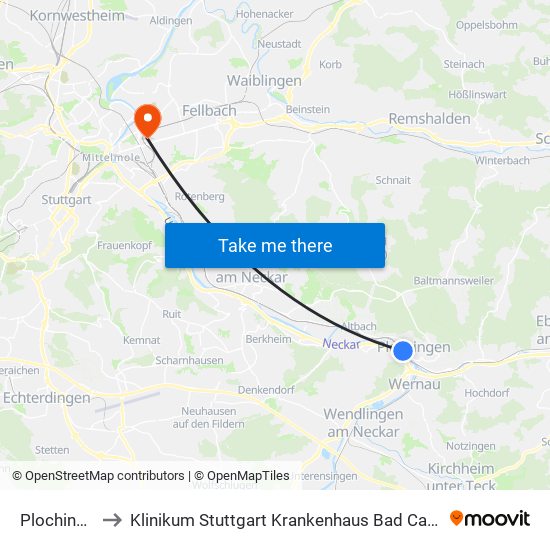 Plochingen to Klinikum Stuttgart Krankenhaus Bad Cannstatt map