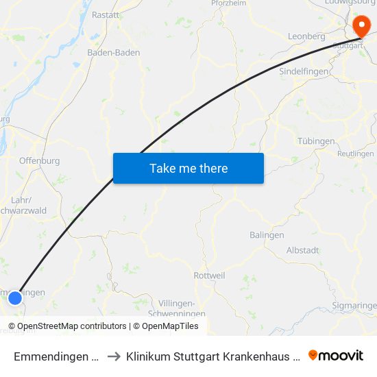 Emmendingen Bahnhof to Klinikum Stuttgart Krankenhaus Bad Cannstatt map