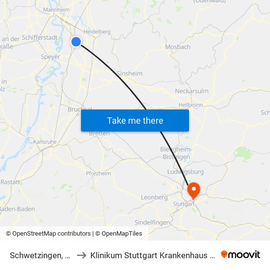 Schwetzingen, Bahnhof to Klinikum Stuttgart Krankenhaus Bad Cannstatt map