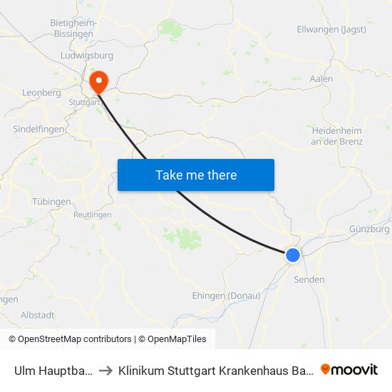 Ulm Hauptbahnhof to Klinikum Stuttgart Krankenhaus Bad Cannstatt map