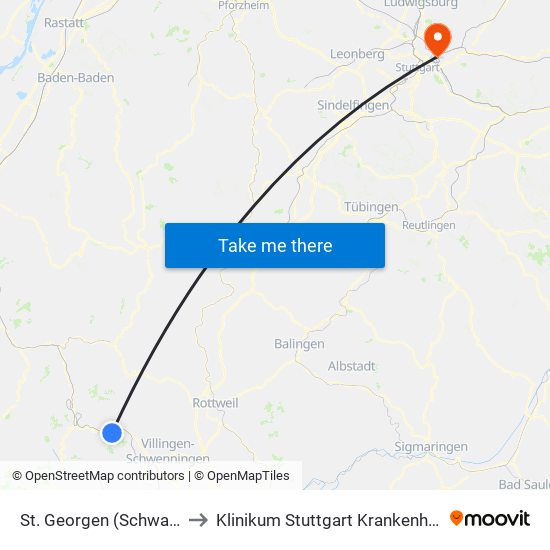 St. Georgen (Schwarzw) Bahnhof to Klinikum Stuttgart Krankenhaus Bad Cannstatt map