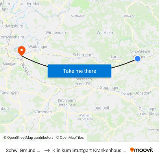 Schw. Gmünd Bahnhof to Klinikum Stuttgart Krankenhaus Bad Cannstatt map