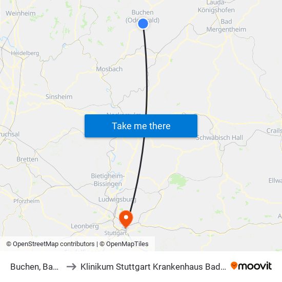 Buchen, Bahnhof to Klinikum Stuttgart Krankenhaus Bad Cannstatt map