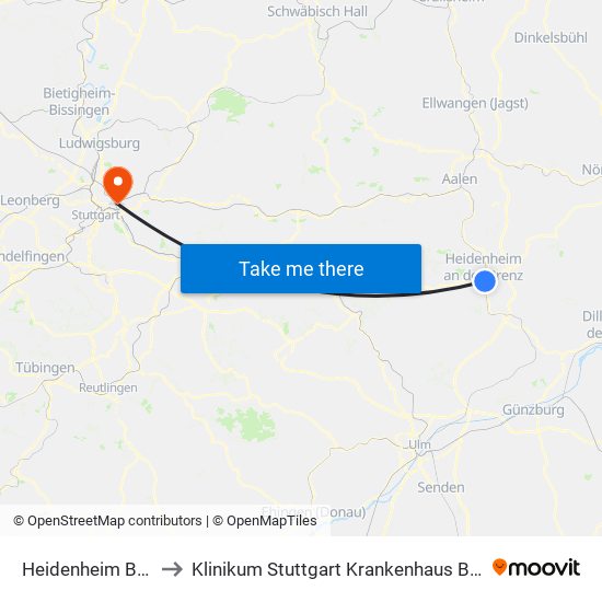 Heidenheim Bahnhof to Klinikum Stuttgart Krankenhaus Bad Cannstatt map