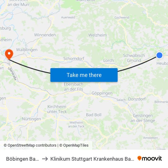 Böbingen Bahnhof to Klinikum Stuttgart Krankenhaus Bad Cannstatt map