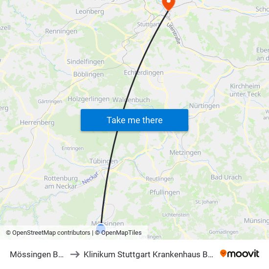 Mössingen Bahnhof to Klinikum Stuttgart Krankenhaus Bad Cannstatt map