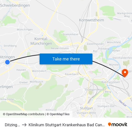 Ditzingen to Klinikum Stuttgart Krankenhaus Bad Cannstatt map