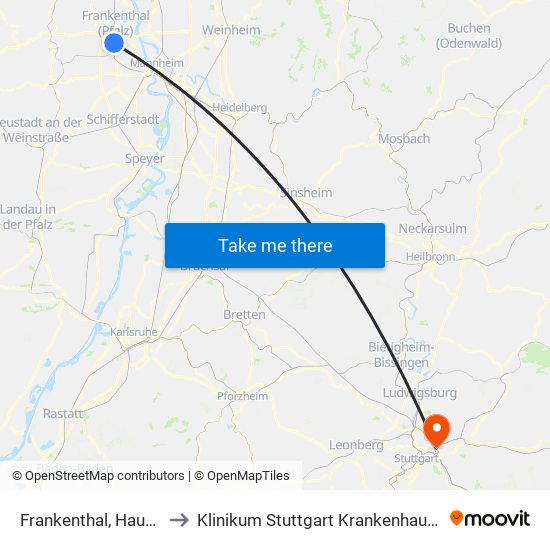 Frankenthal, Hauptbahnhof to Klinikum Stuttgart Krankenhaus Bad Cannstatt map